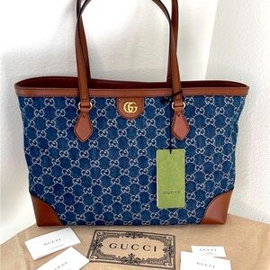 Certified authentic NEW GUCCI Denim GG Monogram Ophidia Tote Blue Tea Cuir